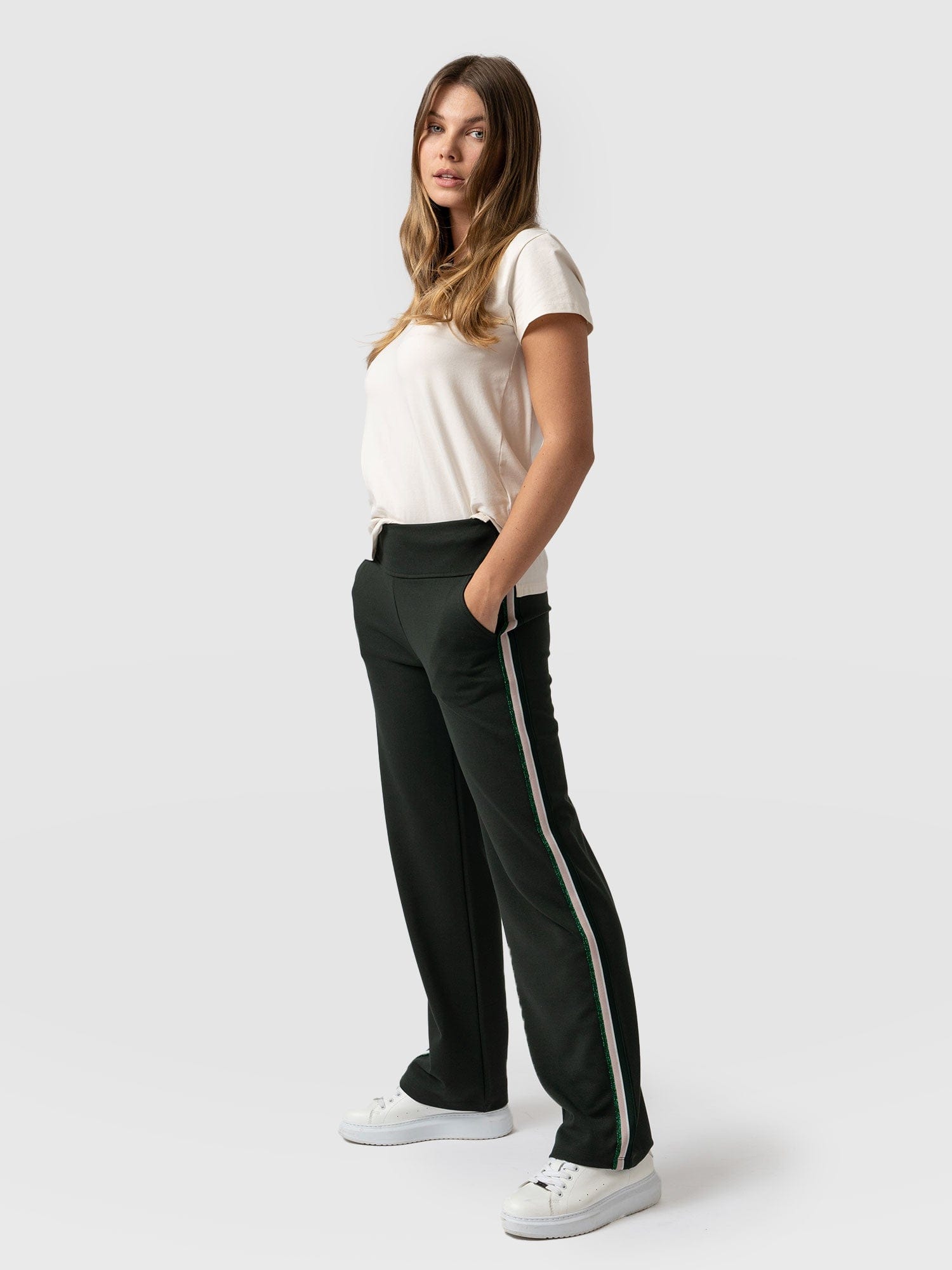 Runway Pant Bottle Green with Green/Pink Lurex Stripe - Women's Trousers | Saint + Sofia® UK